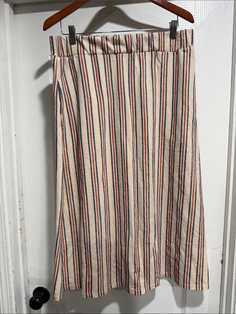 DownEast Cream Midi Skirt with Navy and Red Stripes